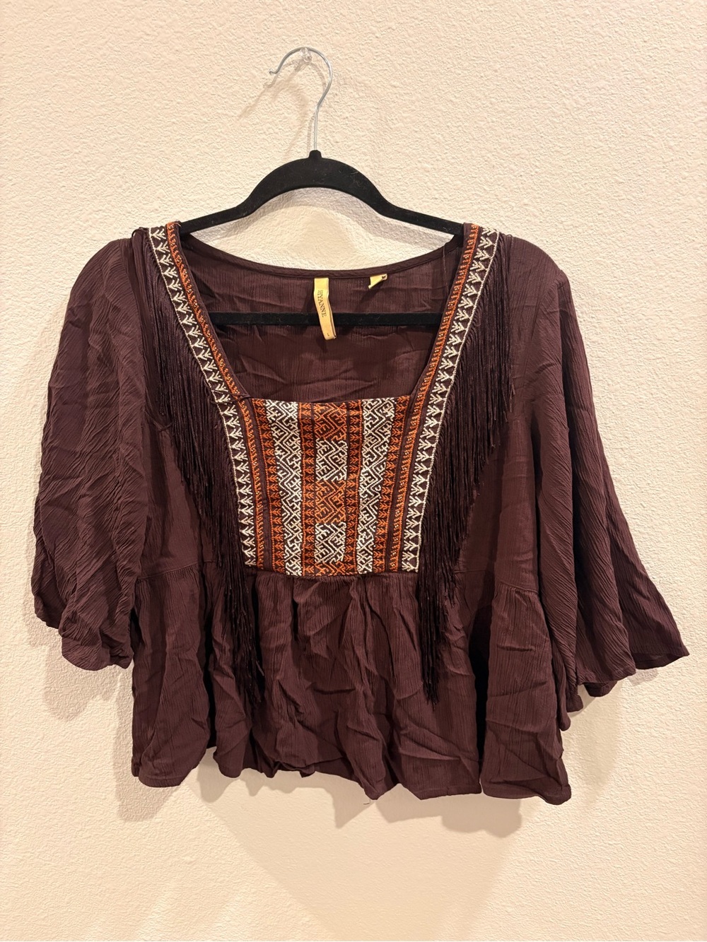 Shyanne Brown Embroidered Fringe Boho Peasant Top